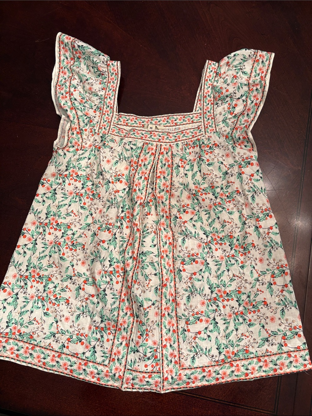 Max Studio Cream Floral Flutter-Sleeve Blouse with Green and Coral Print
